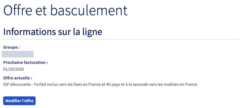 Page Offre et basculement d'une ligne VoIP OVHcloud, avec l'offre actuelle et le bouton Modifier l'offre