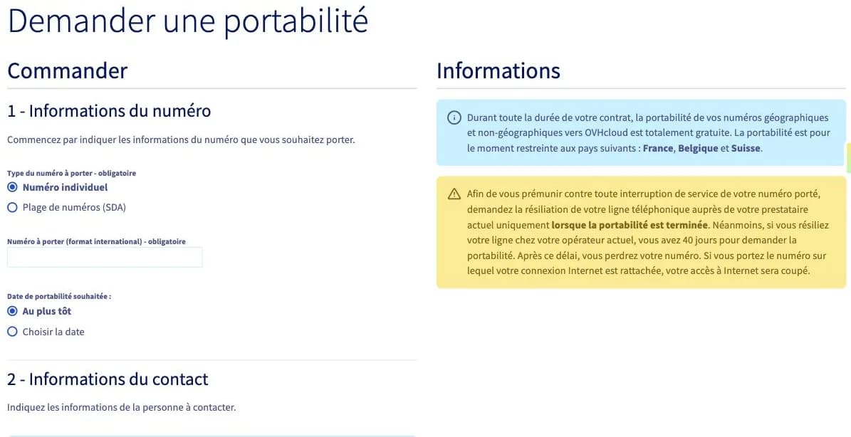 Formulaire de demande de portabilité dans l'espace client OVHcloud, avec les règles affichées à droite