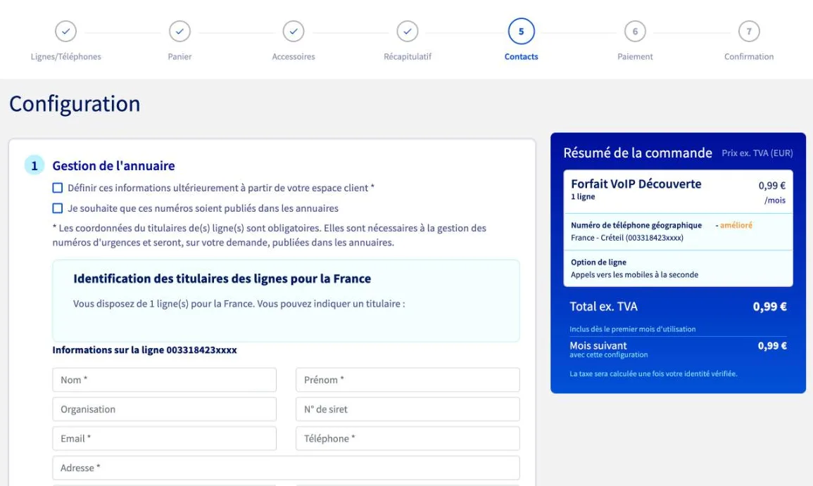 Étape Contacts du tunnel de commande OVHcloud : gestion de l'annuaire et identification du titulaire de la ligne