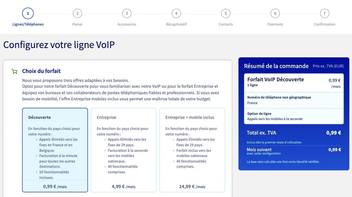 Choix du forfait dans le tunnel de commande OVHcloud : Découverte, Entreprise et Entreprise mobile inclus