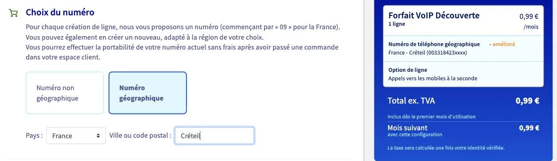 Choix d'un numéro géographique pour Créteil dans le tunnel de commande OVHcloud