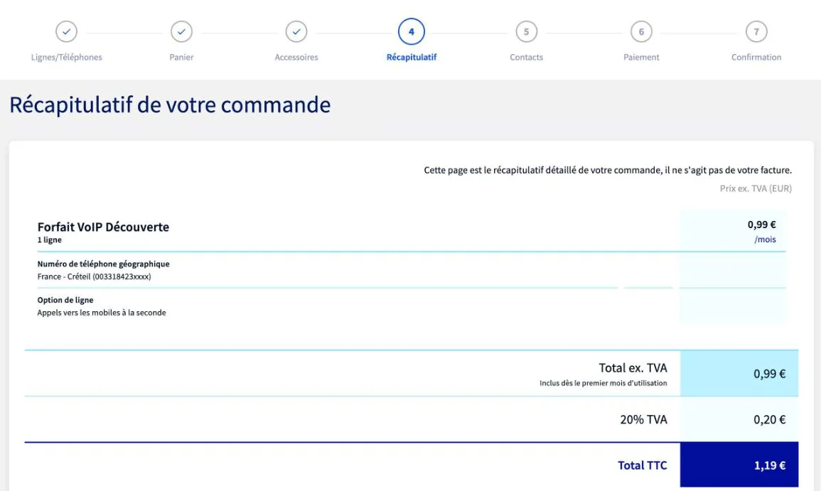 Récapitulatif de commande OVHcloud : forfait VoIP Découverte à 0,99 euro HT, 1,19 euro TTC