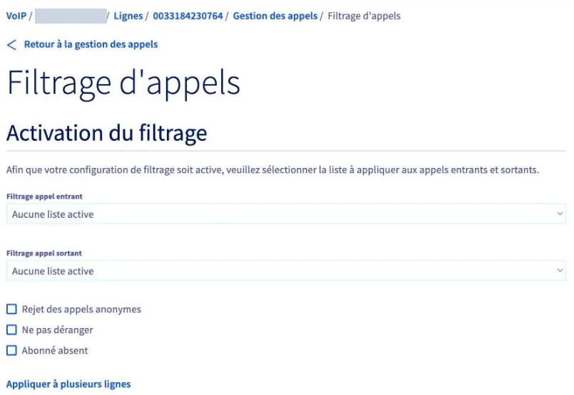 Page de filtrage d'appels : listes blanche et noire, rejet des appels anonymes