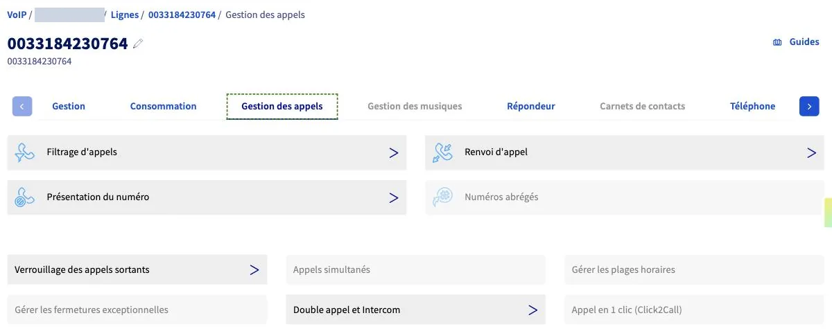 Onglet Gestion des appels d'une ligne OVHcloud