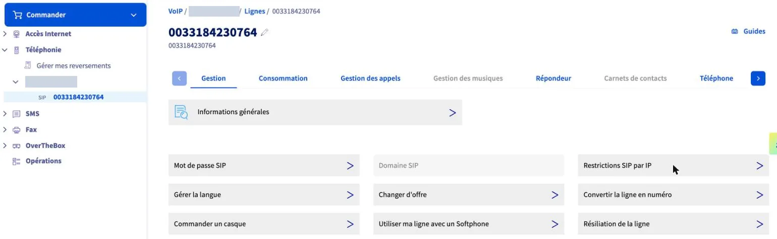 Page de gestion d'une ligne VoIP dans l'espace client OVHcloud, onglet Gestion