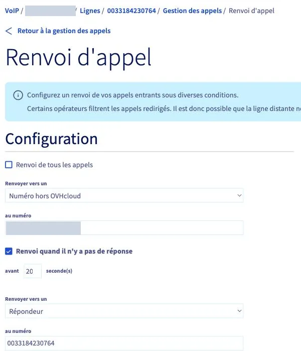 Configuration du renvoi quand il n'y a pas de réponse, vers le répondeur après 20 secondes