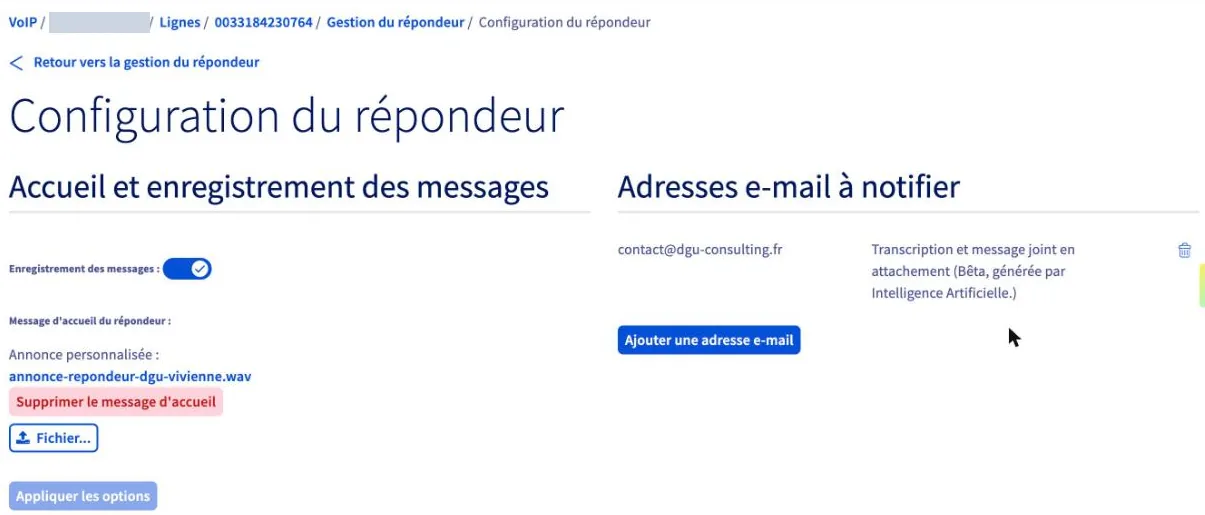 Configuration du répondeur : enregistrement des messages, annonce personnalisée et adresse e-mail à notifier