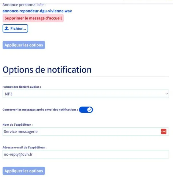Options de notification du répondeur : format MP3 et conservation des messages