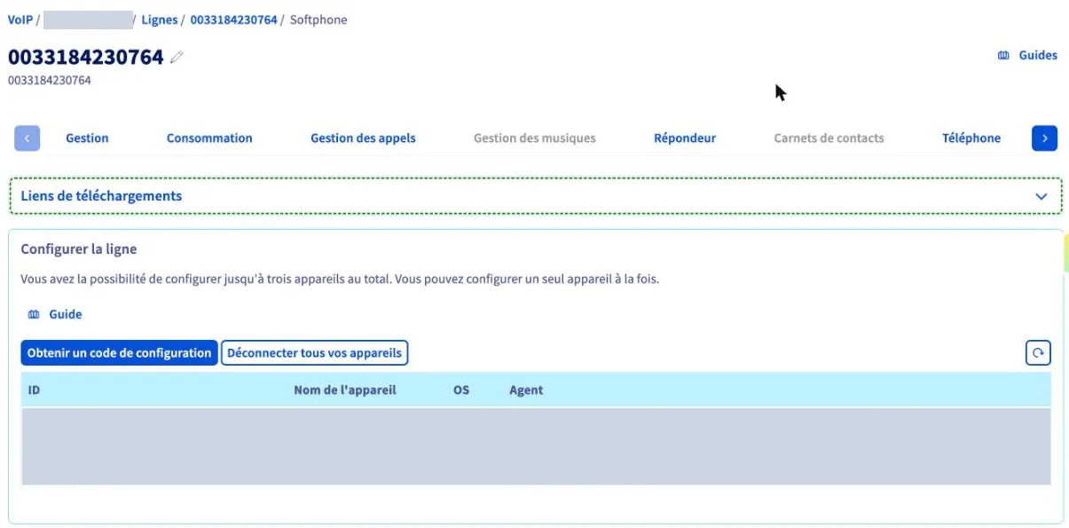 Liste des appareils connectés à la ligne dans l'espace client OVHcloud