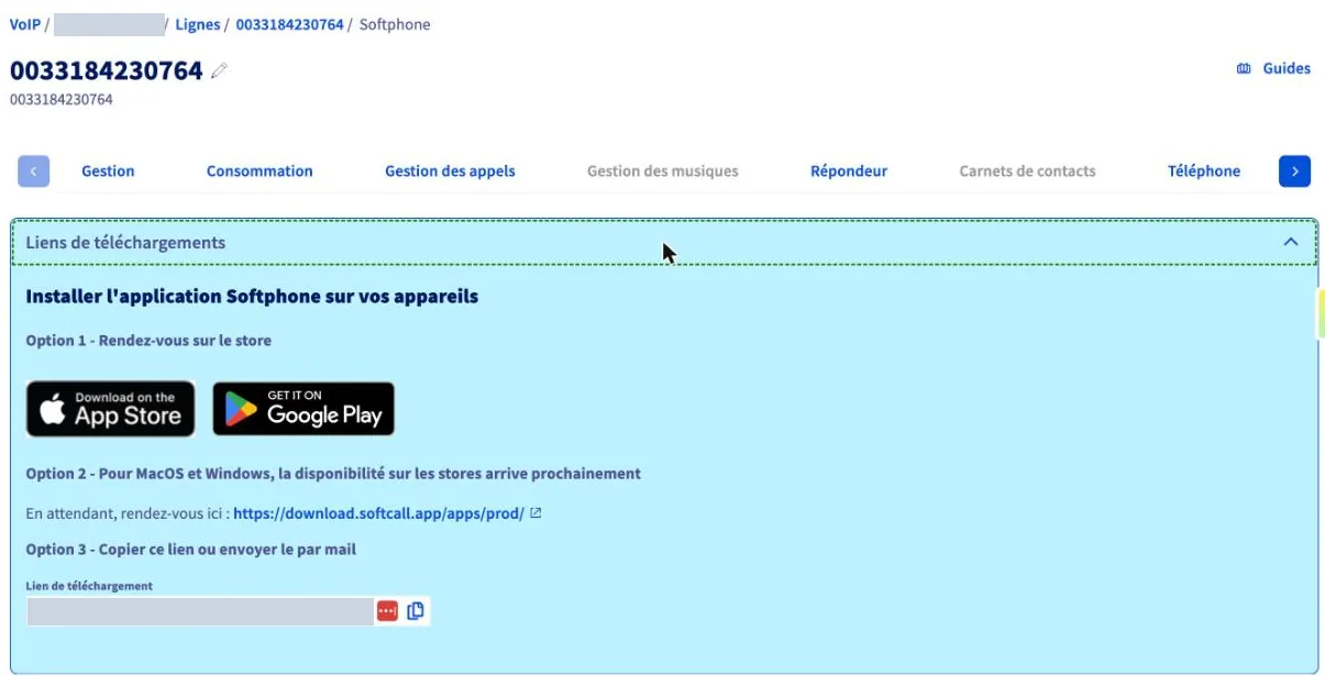 Liens de téléchargement de l'application Softcall dans l'espace client OVHcloud